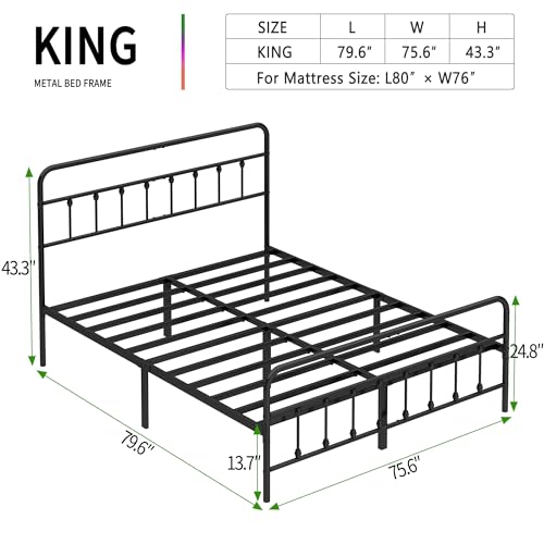 King Size Metal Bed Frame with Headboard and Footboard - Black - Heavy Duty Steel