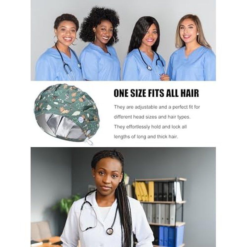6 Pcs Satin Lined Scrub Caps Women Nurse Surgical Hat with Buttons Ponytail Working Adjustable Pouch Tie Back(Classic Style)