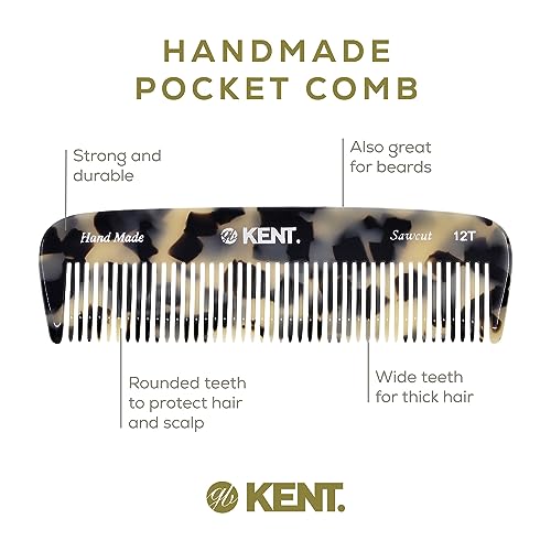 Kent 12T TW Pocket Comb - Handmade Wide Tooth Hair Comb for Men, Women, and Kids - Travel, Beard, and Mustache Comb - Saw Cut and Hand Polished Made in England