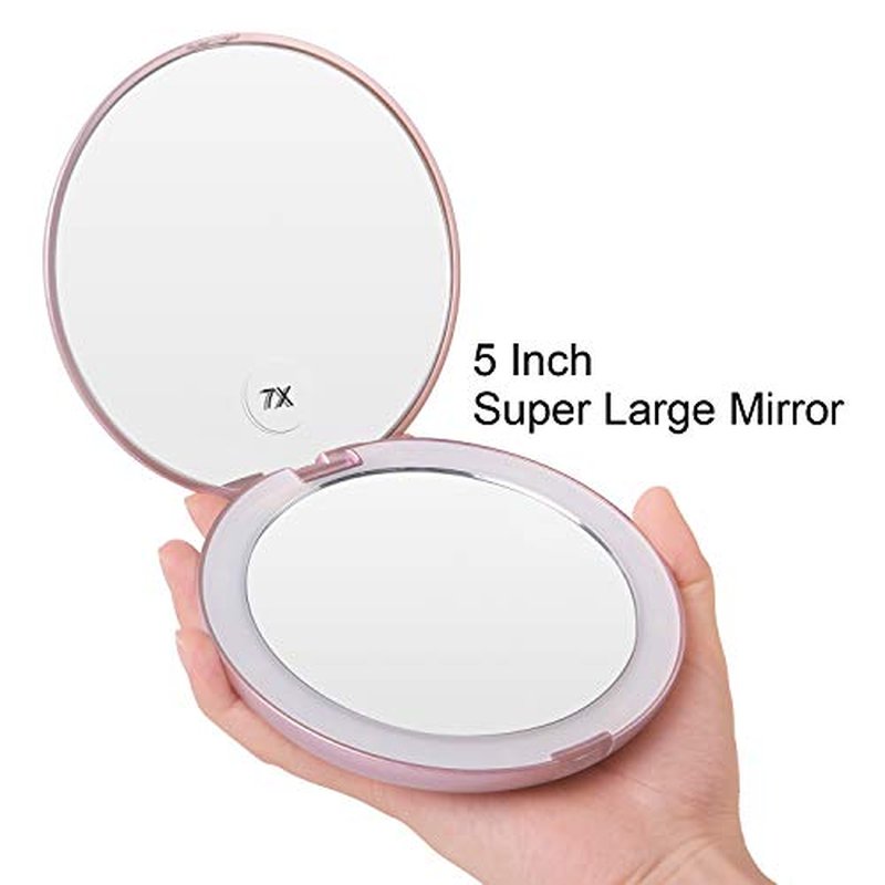 Gospire 5" Lighted Travel Makeup Mirror 1X/7X Magnifying Double Sided, Super Large LED Compact Portable Handheld Pocket Illuminated Cosmetic Vanity Mirror with Battery for Makeup Bag