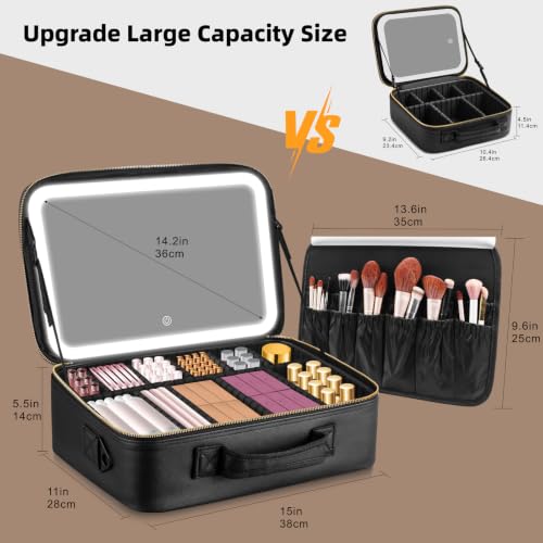 JJhxr Black 15'' Large Capacity Makeup Bag with LED Mirror & Adjustable Brightness