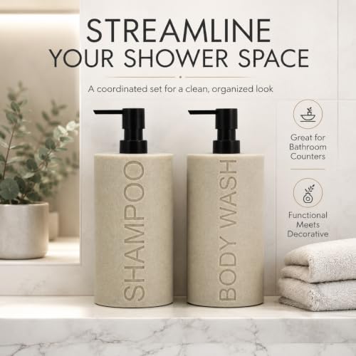Tan Refillable Resin Shampoo & Body Wash Dispenser Set with Matte Pump Top – Durable Bathroom Accessory