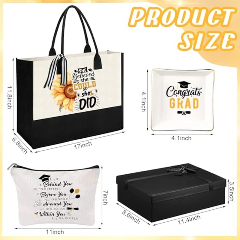 10 Pcs Graduation Gifts for Women Include Tote Bag Makeup Bag Tumbler Candle Ring Tray Keychain and Socks Congratulations Graduation Gifts for 2026 Graduates(Classic,Black)