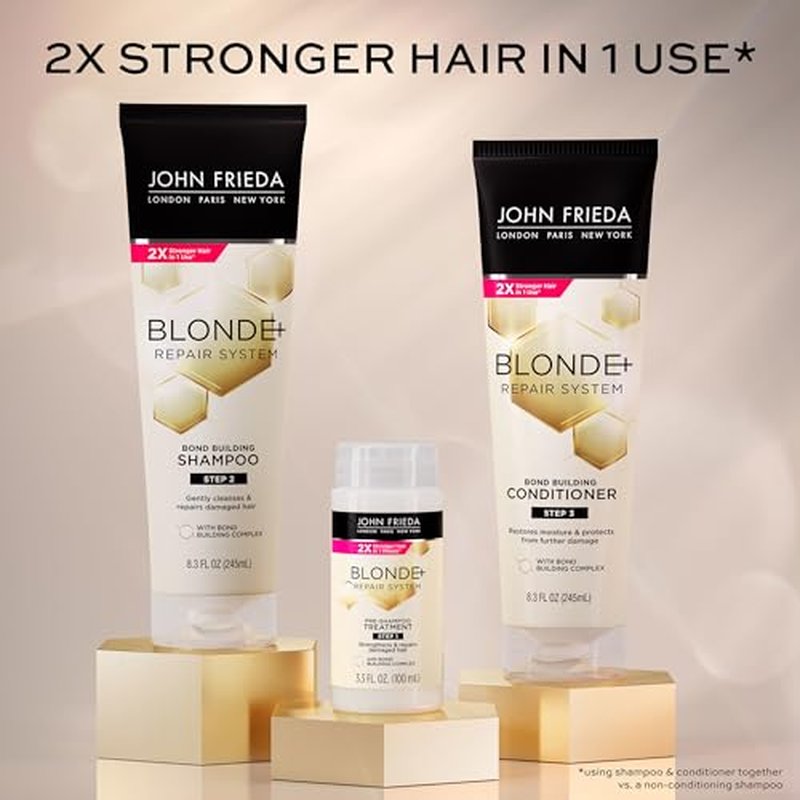John Frieda Blonde+ Hair Repair System Bundle, Includes Full Repair System, Pre-Shampoo Treatment 3.3oz, Bond Building Shampoo 8.3oz, and Conditioner 8.3oz, Strengthens and Repairs Damaged Hair
