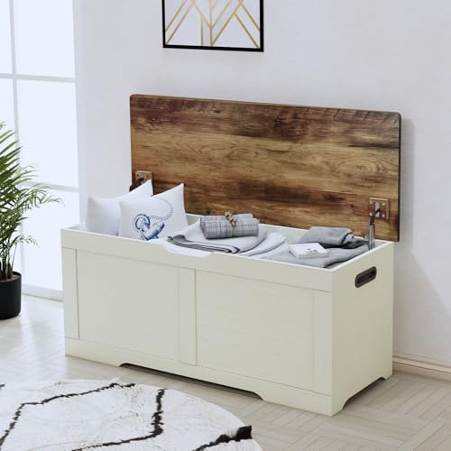 Rustic White & Brown Wooden Storage Chest with Lift-Top Bench - 39.4 Inch