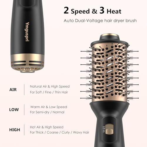 Travel Dual Voltage Hair Dryer Brush, Mini Auto Blow Dryer Brush in one, 2 Inch One Step Hot Air Hair Dryer and Styler for Home & Salon with EU&UK Plug (Gold)