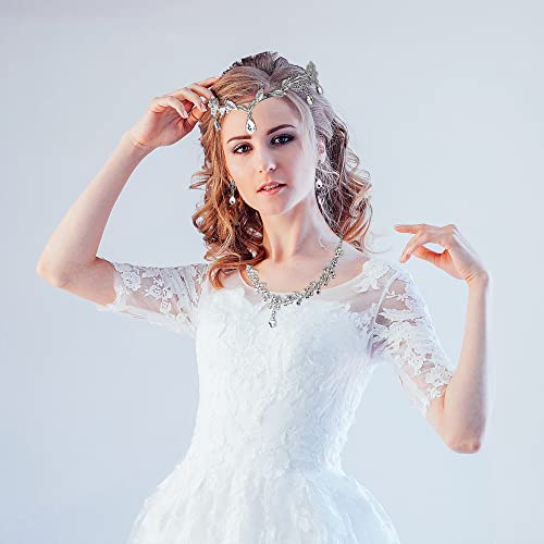 DS Rhinestone Wedding Tiara Crown for Brides, Goddess elf Princess Fairy Crystal Pendent Headband Leaf Cosplay Crown for women girls Hair Accessory for Brides Pageant Wedding Prom Birthday