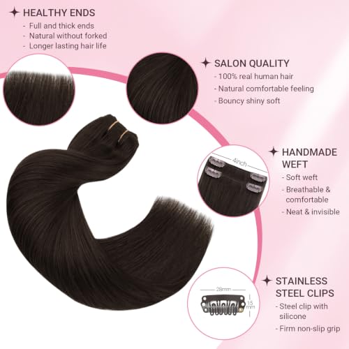 MAXITA Dark Brown Clip-In Human Hair Extensions - 18 Inch, 4 Pieces, 60g
