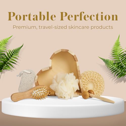 Bella Ciao 6-Piece Body and Skincare Set, Women¡¯s Beauty Travel Basket, Spa Gift Set, Bath Accessories, Includes Face Massage Roller, Hair Brush, Exfoliation Tools, and Decorative Wooden Tray