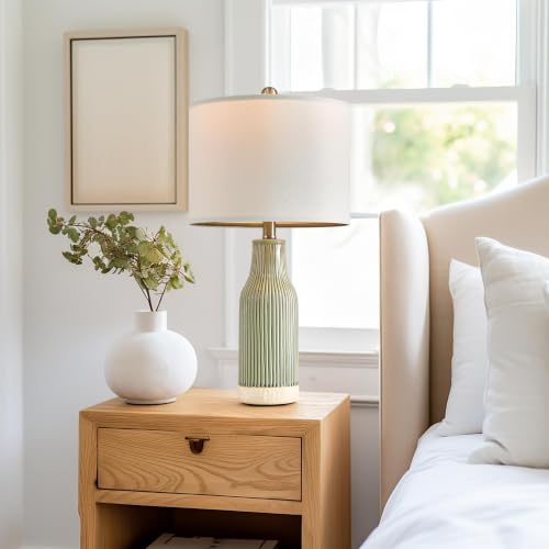 Set of 2 Green Ceramic Table Lamps - Modern 23.75-Inch Bedside Nightstand Lighting