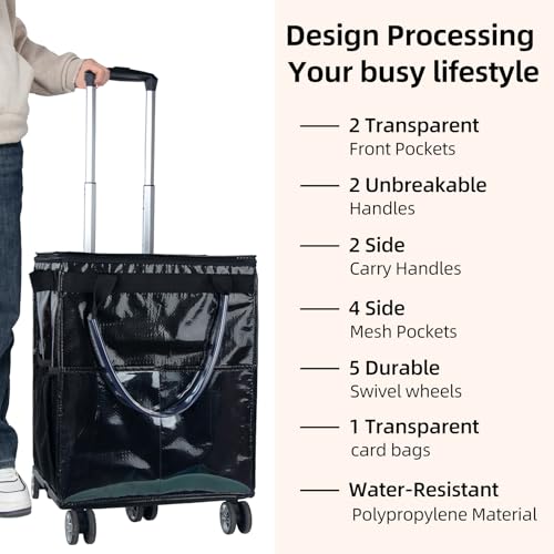 Reusable Grocery Bags on Wheels - Rolling Tote Bag, Black - Durable & Spacious