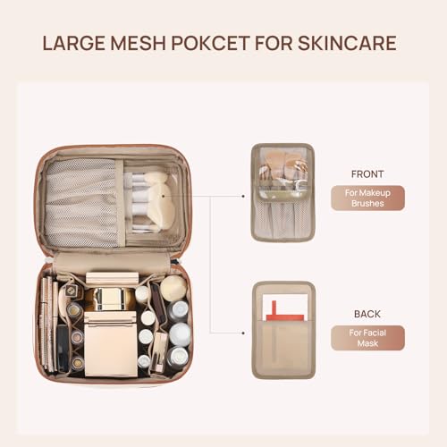Large Travel Makeup Bag for Women - Vegan Leather, Beige & Brown
