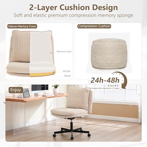 Fizzin Beige Cross Cross Chair with Memory Foam Cushions & Wheels, Armless Home Office Seating