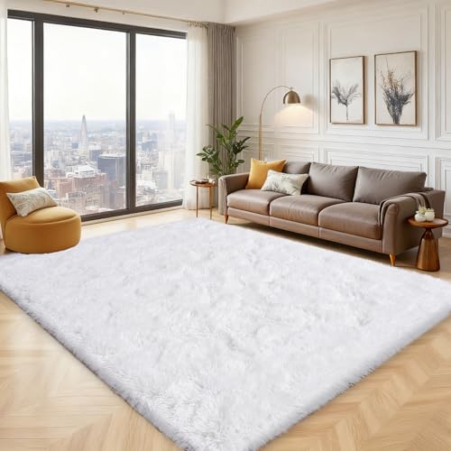 Rezutan Large 8x10 White Shag Rug – Soft Fluffy Non-Slip Area Carpet for Living Room & Bedroom