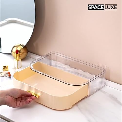 Makeup Organizer with Drawers and 360¡Æ Rotating Brush Holder, Large Capacity Cosmetic Storage for Vanity, Skincare, Perfume, Hair Accessories, Lipstick & Jewelry (Cream White, 2-layer)