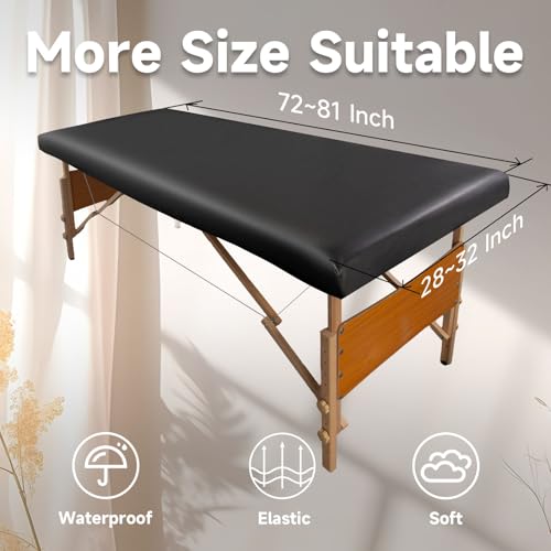 PU Leather Massage Table Cover Protector Wipeable Massage Bed Cover Made of 4-Ways Elastic 100% Waterproof Material, Machine Washable, Fit Rectangular Tables 28-32" Wide (Black, 1Pcs)