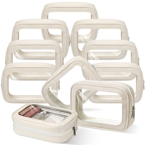 Abbylike 10 Pcs Clear Makeup Bags Bulk TSA Approved Clear Toiletry Bags with Zipper PU Leather Transparent Waterproof Travel Makeup Toiletry Organizer for Women Girls Wedding Bridal Gifts(Beige)