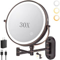 9" Wall Mounted Lighted Makeup Mirror,4000mAh Rechargeable Double Sided 1X/30X Magnifying Mirror with Light,Touch Dimmable,Extended Arm 360 Rotation Wall Mounted Makeup Mirror 3 Color Lights-Bronze