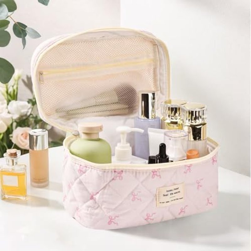 3Pcs Makeup Bag Cute Cosmetic Bags for Women, Large Capacity Travel Quilted Makeup Bag Set,Cotton Floral Makeup Pouch, Coquette Puffy Toiletry Bag,Attractive Quilted Pouch (Pink bow)