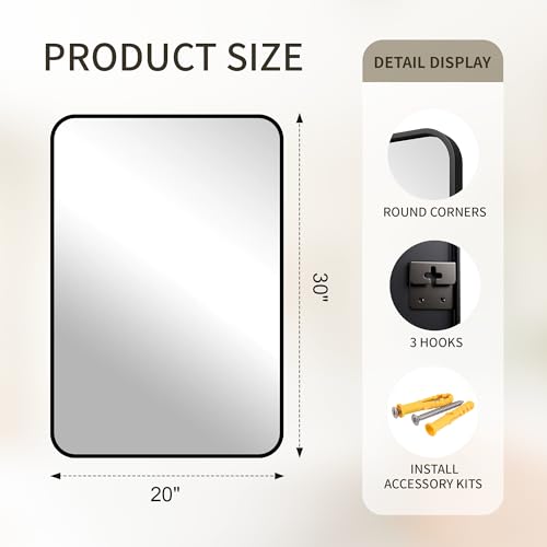 Black Bathroom Mirror Set - 30x20 Inch HD Tempered Wall Mirrors, 2 Pack with Rounded Corners