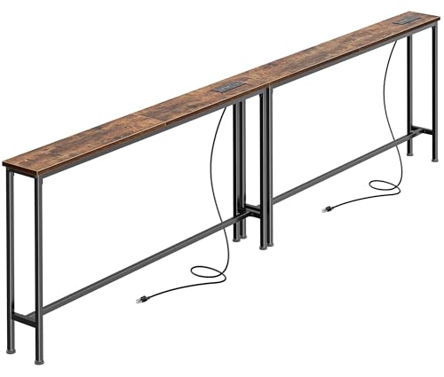 Narrow Behind Couch Table with Charging Stations - Rustic Brown, 94.5 Inch