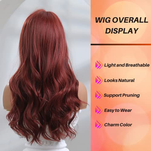 Dark Red Burgundy Wavy Wig for Women - Realistic Synthetic Hair, Heat Resistant, Long Layered Style, Suitable for Halloween & Cosplay