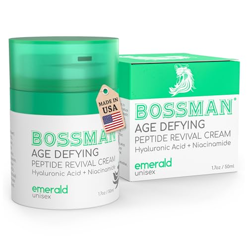 Bossman Peptide Revival Cream 1.7 oz - Emerald (Green Tea) Scent - Anti-Aging Face Moisturizer for Men & Women - Niacinamide & Hyaluronic Acid - Peptide Moisturizer for All Skin Types - Made in USA