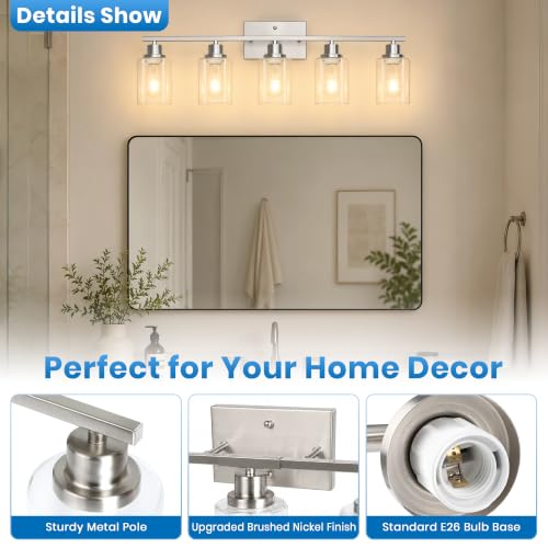 Brushed Nickel 5-Light Bathroom Vanity Light Fixture with Clear Glass Shades – Reversible Mounting