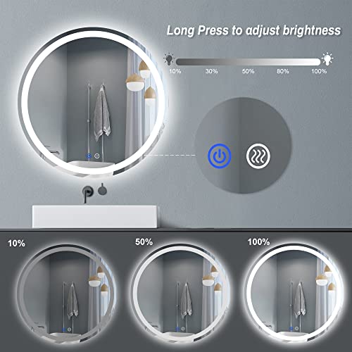 FITLAND 24-Inch Round LED Bathroom Mirror with Anti-Fog Dimmable & 3 Color Temp