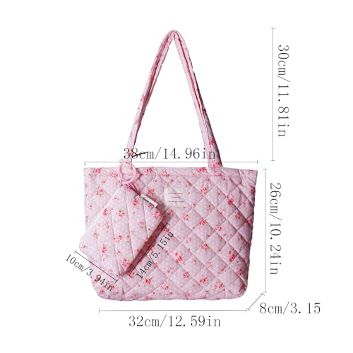 Floral Quilted Cotton Shoulder Bag Set 2-in-1 Tote with Mini Pouch Women¡¯s Lightweight Reusable Daily Handbag A054