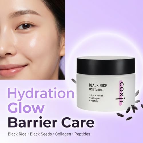 coxir Black Rice Moisturizer Face Cream, Hydrating Korean Moisturizer with Niacinamide, Collagen & Peptide Complex, Radiance, Barrier Support, Lightweight Non-Greasy(1.69 fl oz)