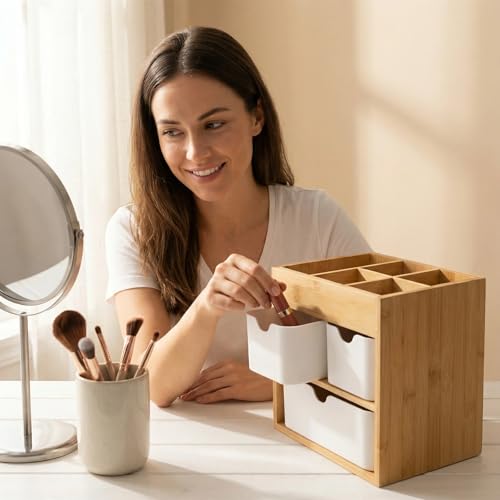 Small Bamboo Makeup Organizer 5.7"D x 8"W x 7.5"H - Ninebendstreams