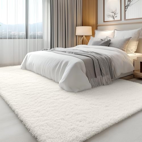 6x9 Ft Ivory Machine Washable Large Area Rug for Living Room & Bedroom - Soft Fluffy Shaggy Floor Carpet