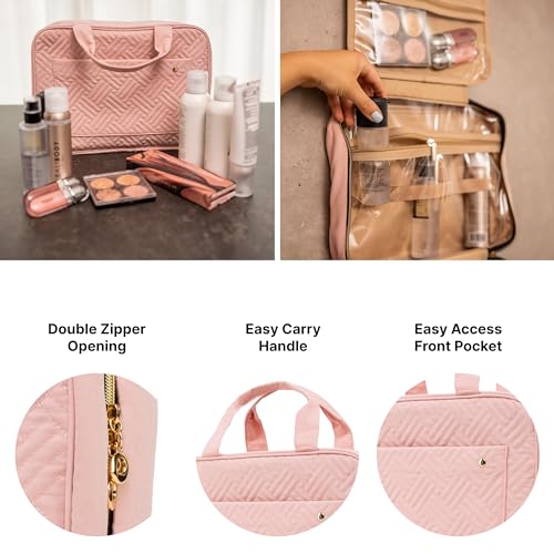 Carrywell (Not Made In China) Toiletry Bag Travel Bag with Hanging Hook, Makeup Organizer Case, Water-Resistant Cosmetic Bag For Full-size Containers, Toiletries, Pink Large+