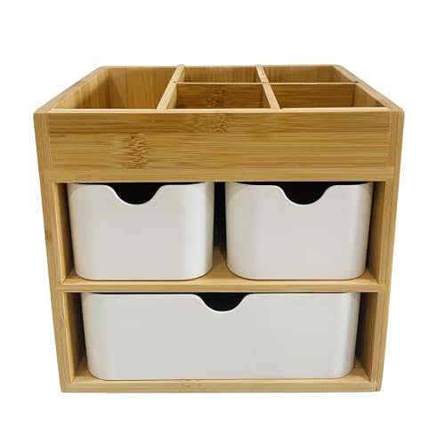 Bamboo Makeup Organizer Jewelry Box, Bamboo Desk organizer with 3 drawers and adjustable dividers, 3 Tier Jewelry Storage Case, Desktop Organization Storage