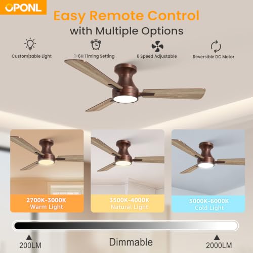 Brown 42 Inch Modern Low Profile Ceiling Fan with Light & Remote Control