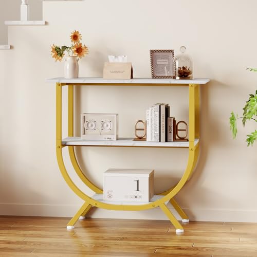 3-Tier Console Table with Storage - Industrial Entryway Sofa Table - Gold & White