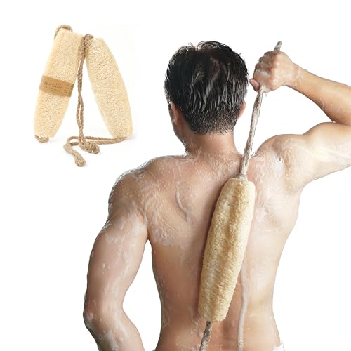 Vietnamese Natural Loofah Back Scrubber - 100% Plant-Based Exfoliation Shower Sponge, Handcrafted Whole Loofah Gourd with Jute Fiber Handle, Suitable for Men & Women (1-Pack)
