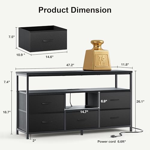 47 Inch TV Stand with LED Lights & Charging Station for Bedroom - Fabric Drawer Storage