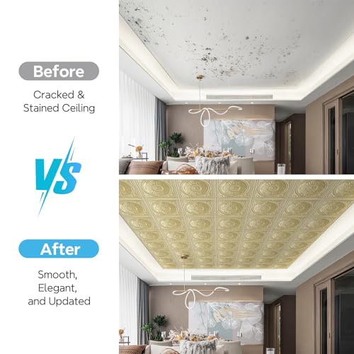 Drop Ceiling Tiles 24x24 Inches Waterproof PVC Panel Pack of 12 Champagne Gold