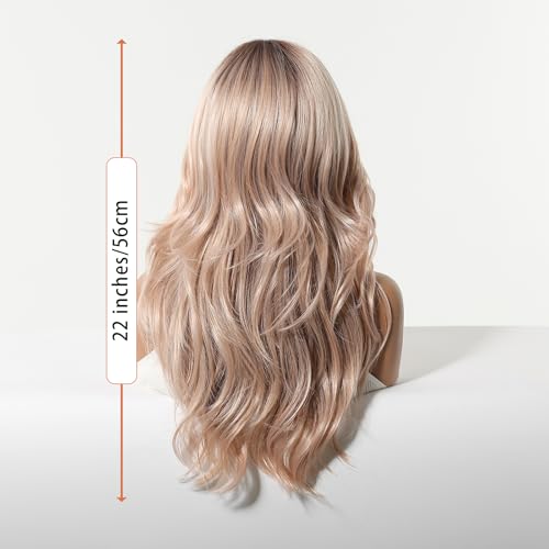 Rose Gold Layered Wavy Long Wig 22 Inch with Bangs for Women - Synthetic, Heat-Resistant, Glueless Style (Variation #9OR22)
