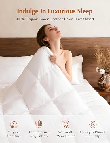 Queen Size Organic Goose Feather Down Comforter - White, Hypoallergenic