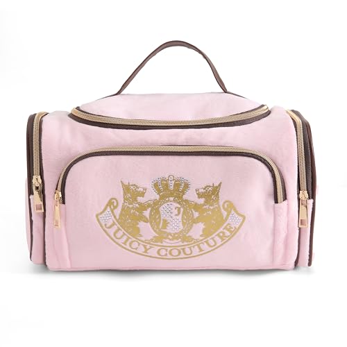 Juicy Couture Pink Makeup Bag Cosmetics Organizer Travel Essentials Duffel Velour Gold Terrier Dog Rhinestone Crown
