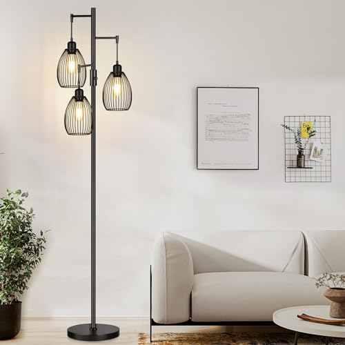 Dimmable Farmhouse Industrial Floor Lamp with Matte Black Finish and 3 LED Bulbs
