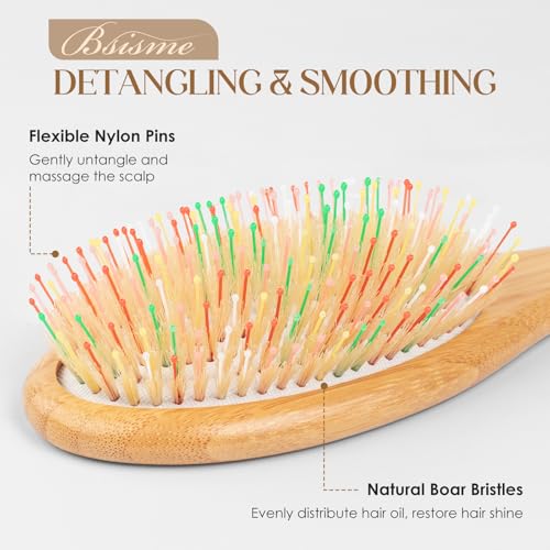White Boar Bristle Hair Brush with Bamboo Paddle - Detangler & Scalp Massage