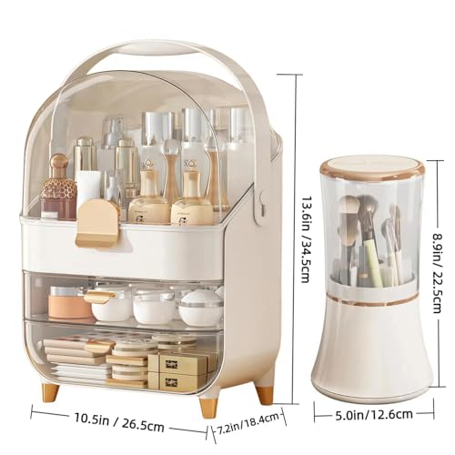White Makeup Organizer for Vanity with Drawers & Rotating Brush Holder - Skincare Storage Case