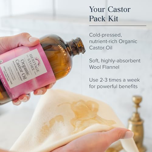 Organic Castor Oil Pack Wrap Kit for Abdomen & Joints - 16oz with Wool Flannel Cloth