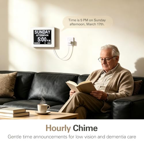 White 12-Inch Digital Calendar Day Clock for Seniors with Auto-Dimming & 12 Alarms