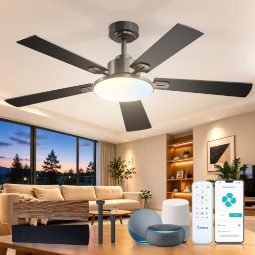 Amico 52 Inch Smart Ceiling Fan with Lights - Black, Downrod Mount