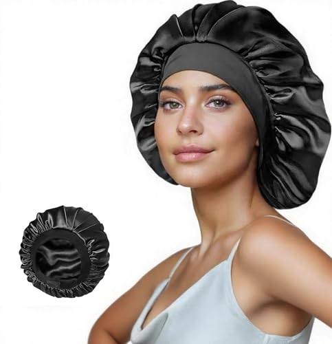 SereLune Mulberry Silk Lined Bonnet for Sleeping – Large, Black, Double Layer, Soft Elastic Band